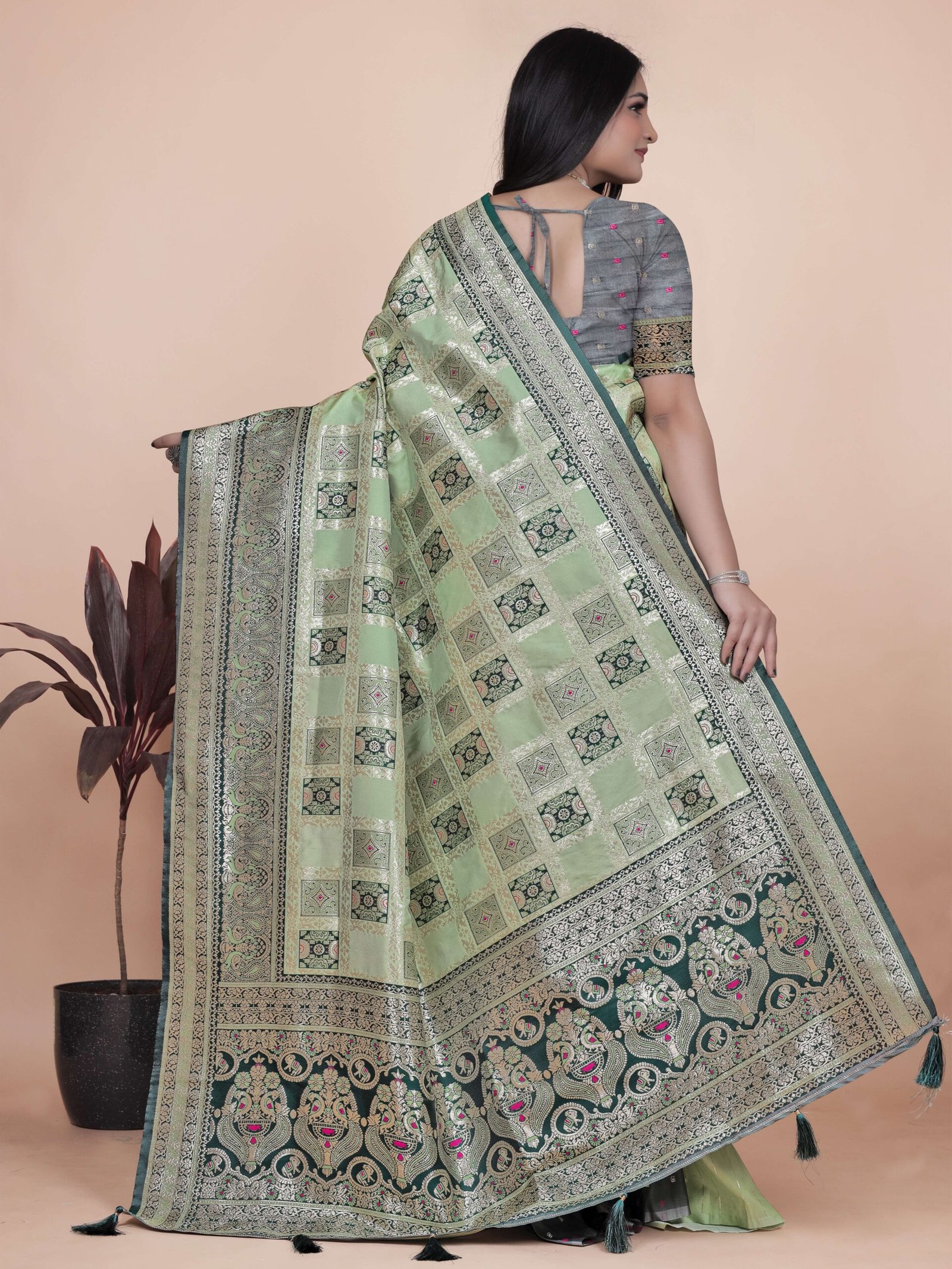 Pastel Green & Dark Green Banarasi Silk Saree with Silver Zari | Wedding & Festive Wear | Elegant Designer Banarasi Saree - Image 2
